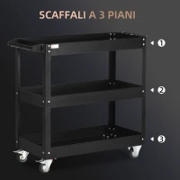 DURHAND Carrello Porta Attrezzi a 3 Livelli in Acciaio con Bordi Alti e 4 Ruote Girevoli, 83x35.3x76 cm, Nero(m-4)