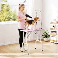 PawHut 32" Foldable Dog Grooming Table Pet Drying Beauty Table Adjustable Fixed Arm Rubber Top, Pink(m-10)