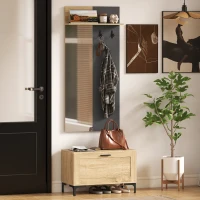 HOMCOM Garderobeset voor entree, schoenbank, spiegel, 3 haken, open plank, halmeubel, Natuurhout+Grijs(m-7)
