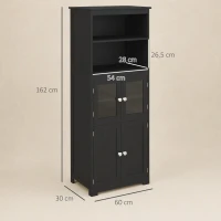 HOMCOM Armário de Cozinha com 2 Portas de Vidro Temperado 2 Prateleiras Abertas e Armário com Prateleira Ajustável 60x30x162 cm Preto(m-3)