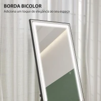 HOMCOM Espelho de Pé  com Luzes 165x60 cm 3 Temperaturas de Cor Brilho Ajustável Independente ou de Parede Branco e Preto(m-7)