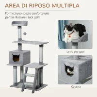 PawHut Tiragraffi Palestra per Gatti Multilivello con Casetta Scala Piattaforme, Pali in Corda di Juta, Grigio, 60.5x40x124cm(m-4)