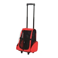 PawHut Trasportino Zaino 2 in 1 per Cani e Gatti con Tasche Laterali, Maniglia Telescopica e Ruote, 42x25x55cm, Rosso(m-11)