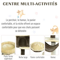 PawHut Arbre à chats centre d'activités griffoirs grattoir sisal niche hamac plateformes boule suspendue revêtement peluche courte 65L x 50l x 153H cm beige café(m-6)