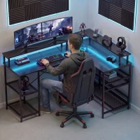 HOMCOM L Shaped Gaming Desk with LED Lights and Power Outlets, 150cm Corner Computer Desk for Small Space, Black(m-9)