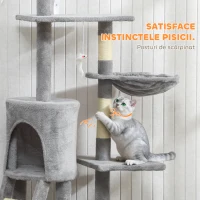 PawHut Ansamblu de joacă pentru pisici cu căsuță, stâlp de ascuțit gheare, platforme și 4 șoricei, 50x35x134.2 cm, gri(m-7)