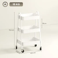 HOMCOM Serveerwagen met 3 Lagen Op Wielen met Handvat en Rem voor Keuken Kantoor Badkamer, Wit(m-3)
