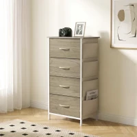 HOMCOM Chest of Drawers, Dresser with 4 Fabric Drawers, Tall Storage Unit with 4 Pockets and 2 Hooks, Steel Frame, Natural Wood(m-14)