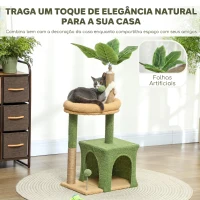PawHut Árvore Arranhadora para Gatos 98 cm com Folhas Artificiais, Toca, Cama, Postes em Juta e 2 Bolas, Verde(m-4)