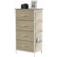 HOMCOM Chest of Drawers, Dresser with 4 Fabric Drawers, Tall Storage Unit with 4 Pockets and 2 Hooks, Steel Frame, Natural Wood(m-15)