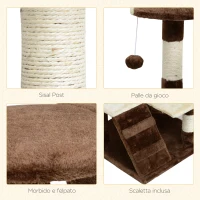 PawHut Albero Tiragraffi per Gatti in Peluche e Sisal con Cucce e Pallina 50×50×134.5cm Caffè e Crema(m-5)