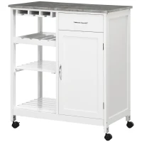 HOMCOM Carrinho de Cozinha com Rodas 1 Gaveta Prateleiras Suporte para 4 Garrafas e Armário Carga 40kg 76x48x88cm Branco e Cinza(m-11)