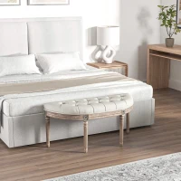 HOMCOM Banc bout de lit en forme demi-lune style Louis XVI structure en bois massif sculpté siège en tissu aspect lin crème(m-2)
