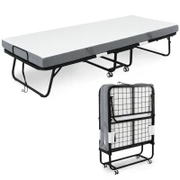 HOMCOM Folding Bed with 10cm Mattress, Portable Foldable Guest Bed with Sturdy Metal Frame on Wheels(m-1)