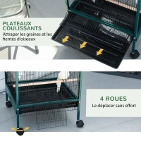 PawHut Grande Cage à Oiseaux sur pied double avec mangeoires perchoirs plateau amovible roulettes - Dim. 51,5L x 50l x 140H cm(m-6)