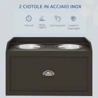 PawHut Ciotole per Cani Rialzate in Acciaio Inox e Legno con Cassetto, 60x30x36cm, Marrone(m-5)