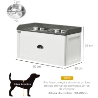 PawHut Comedouro Elevado para Cães com 2 Tigelas 2000ml de Aço Inoxidável Gaveta Oculta com Suporte de Madeira 60x30x36cm Branco(m-3)