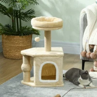 PawHut Arranhador para Gatos com Cama Caverna Plataforma Bola Suspensa e Poste de Juta 42x30x66 cm Marrom e Bege(m-7)