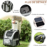 PawHut Sac de transport transporteur pour animaux 2 en 1 trolley chariot panier à roulette chariot sac à dos amovible respirable charge max. 10 kg tissu oxford gris(m-6)