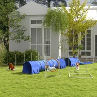 PawHut Hunde-Agiliy-Set Hundeparcours, 1 Reifen,  2 Tunnel 2 Hürden, 321 cm x 63c m x 93 cm, Blau + Rot+ Weiß(m-10)