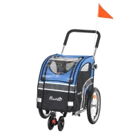 PawHut Carrello 2 in 1 Passeggino per Cani e Rimorchio Bici, Ruota Girevole Catarifrangenti e Bandierina 130x58x94cm Blu(m-11)