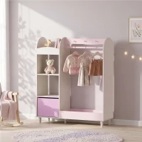 AIYAPLAY Kids Clothing Rack, Kids Wardrobe with Glowing Lights Mirror, Non-Woven Drawer and Shelves for Bedroom, Ages 3-8, Pink(m-9)