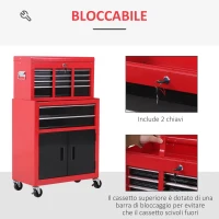 HOMCOM Carrello Porta Attrezzi 2 in 1 con Cassetta Superiore e Armadietto Inferiore, in Metallo, 61.6x33x108 cm, Rosso(m-7)
