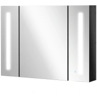 kleankin Armadietto con Specchio da Bagno a Parete in MDF con 3 Armadietti, 3 Ripiani e Luce LED, 90x15x65 cm, Nero(m-11)