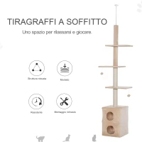 PawHut Tiragraffi a Soffitto Multilivello 220-245cm Palestra per Gatti con Cucce, Piattaforme e Corde in Juta, Giallo(m-5)