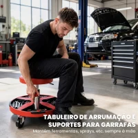 HOMCOM Banco de Oficina com Bandeja e Rodas, Altura Ajustável 40-52 cm, Carga 135 kg, para Garagem, Vermelho(m-5)