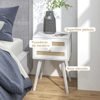 HOMCOM Mesa de Cabeceira Branca Estilo Boho com 2 Gavetas e Decoração de Vime para Quarto Sala de Estar 40x40x60 cm(m-6)