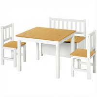 HOMCOM Mesa y Sillas Infantiles de 4 Piezas Mesa Infantil con 2 Sillas y Banco con Almacenaje Juego de Muebles para Actividades para Niños de +3 Años para Dormitorio Sala de Juegos Blanco y Natural