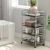 HOMCOM Carrinho Auxiliar com Rodas de Aço Inoxidável de 4 Níveis com Prateleira Ajustável 2 Rodas com Travão 60x35x100 cm  Prateado(m-9)