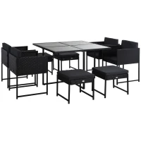 Outsunny 9 PCs Rattan Dining Cube Set Outdoor Patio Furniture PE Rattan Wicker Dining Set w/ 4 Armchair,4 Foot Stool,Grey Cushion(m-1)