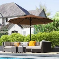 Outsunny Chapéu de Sol Exterior para Terraço, Ø265 cm, Guarda-Sol de Jardim com 32 Luzes LED Solares, Poste de Aço e Manivela de Sombrinha Inclinável, para Pátio, Terraço, Café(m-10)