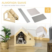 PawHut Casa para Cães de Madeira Casa de Interior para Cães com Comedouro 2 Tigelas de Aço Inoxidável e Almofada Suave Removível 62x40x54cm Carvalho e Cinza(m-6)