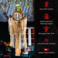 HOMCOM Halloween Decoratie, Hangend Skelet, Lichtgevende Kop, Griezelig Huilen, Buigzame Armen, Kaki(m-7)