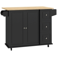 HOMCOM Kitchen Island with Drop Leaf, Rolling Kitchen Storage Trolley on Wheels with 3 Drawers, Black