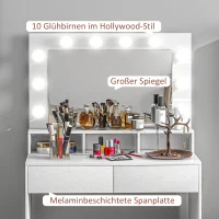 HOMCOM Kaptafel met verlichte spiegel, Laden, 3 Lichtopties, 10 Gloeilampen, Moderne Kaptafel in Wit(m-6)