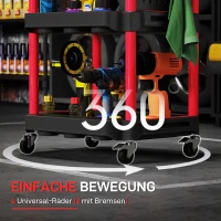 HOMCOM Gereedschapswagen, Drie Niveaus, 4 Wielen, Kunststof, 10 Haken, Zwart+Rood(m-5)