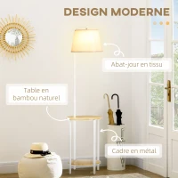 HOMCOM Lampadaire sur pied avec abat-jour en tissu 2 étagères rondes en bois interrupteur au pied hauteur 162 cm blanc(m-5)