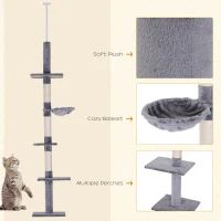 PawHut Floor to Ceiling Cat Tree 230-260cm Height Adjustable, 5-Tier Cat Tower with Scratching Posts, Hammock, Perches, Climbing Activity Centre for Indoor Kittens Playing and Relaxing, Grey(m-6)