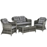 Outsunny 4 Pieces Outdoor PE Rattan Garden Furniture with Cushions, Aluminium Patio Wicker Conservatory Sofa Set with Glass Top Coffee Table, Mixed Grey(m-1)
