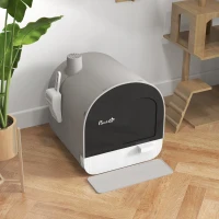 PawHut Kattentoilet met Kap, Kattenbakschep, Vuilopvangmat, Kunststof, Grijs/Zwart(m-9)