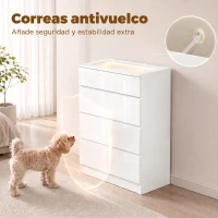 HOMCOM Cómoda de 4 Cajones con Joyero Encimera de Vidrio Templado Luces LED y Control Bluetooth Blanca(m-7)