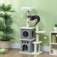PawHut Arranhador para Gatos 126 cm com Caverna Plataformas Bolas Suspensas e Poste de Sisal 56x34x126 cm Cinza e Creme(m-3)