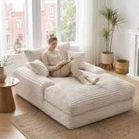 Extra diepe loungebank van ribstof, chaise longue met traagschuim en 4 kussens, zonder montage, 175 x 137 x 63 cm, beige(m-2)