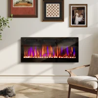HOMCOM Lareira Elétrica Ultrafina de Parede e Embutir com Chama 3D Brilho/Velocidade Ajustável 12 Cores Pedras 900/1800W 106,7x9,4x47 cm Preto(m-10)