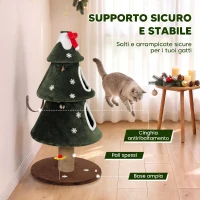 PawHut Albero Tiragraffi Natalizio per Gatti, 2 Cucce, Scala in Sisal, Pali in Juta e Palline, 60x60x132 cm, Verde(m-6)