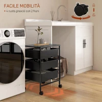 HOMCOM Carrello Multiuso con 3 Cestini Estraibili e Ruote per Cucina e Ufficio in Acciaio e PP, Nero(m-5)